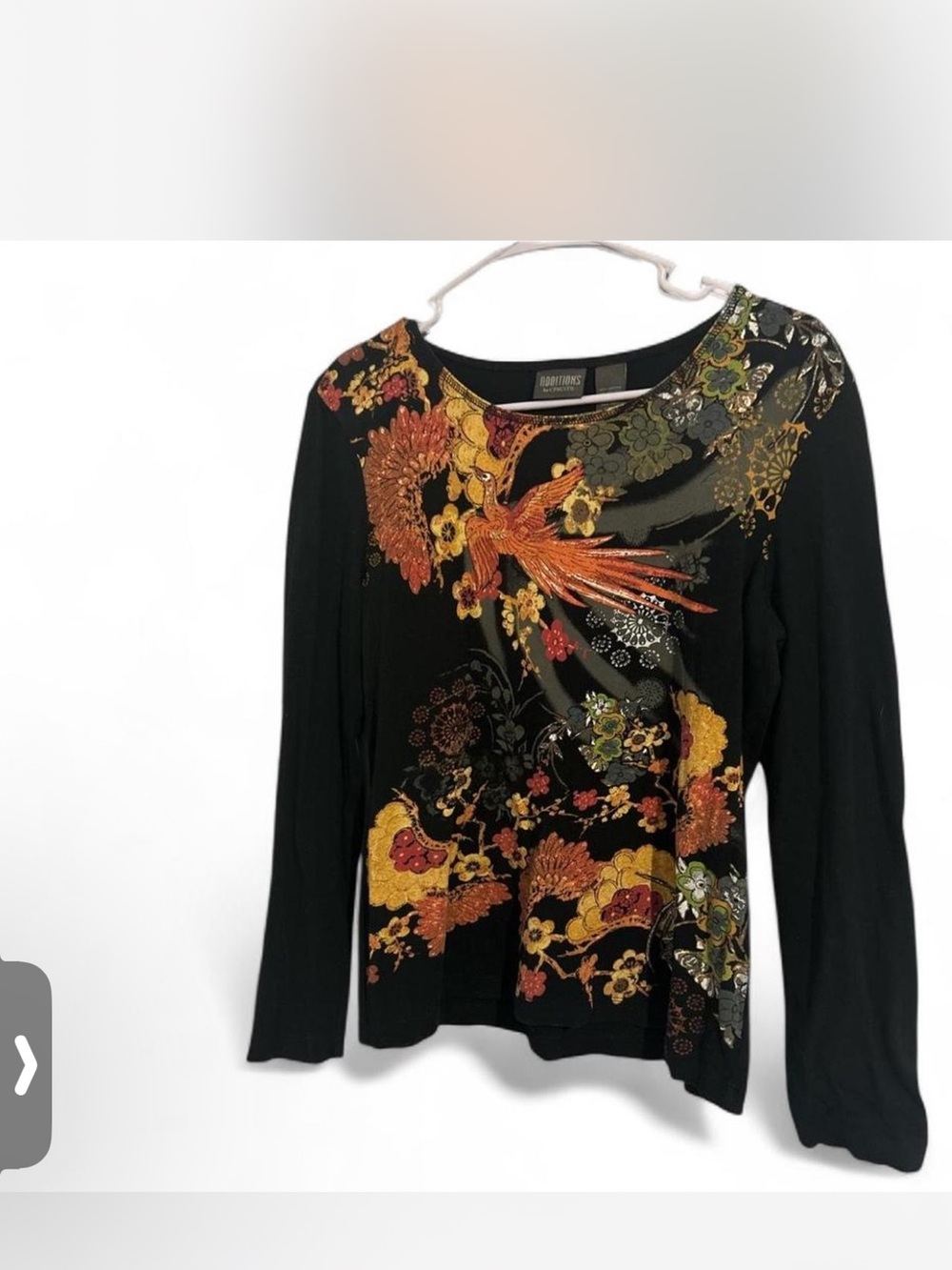 Chico's Black Long-Sleeve Floral & Phoenix Print Tee